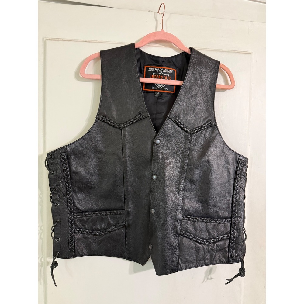 Interstate Leather Biker Vest Womens Large Black Braided Trim Side Lace Up Snap